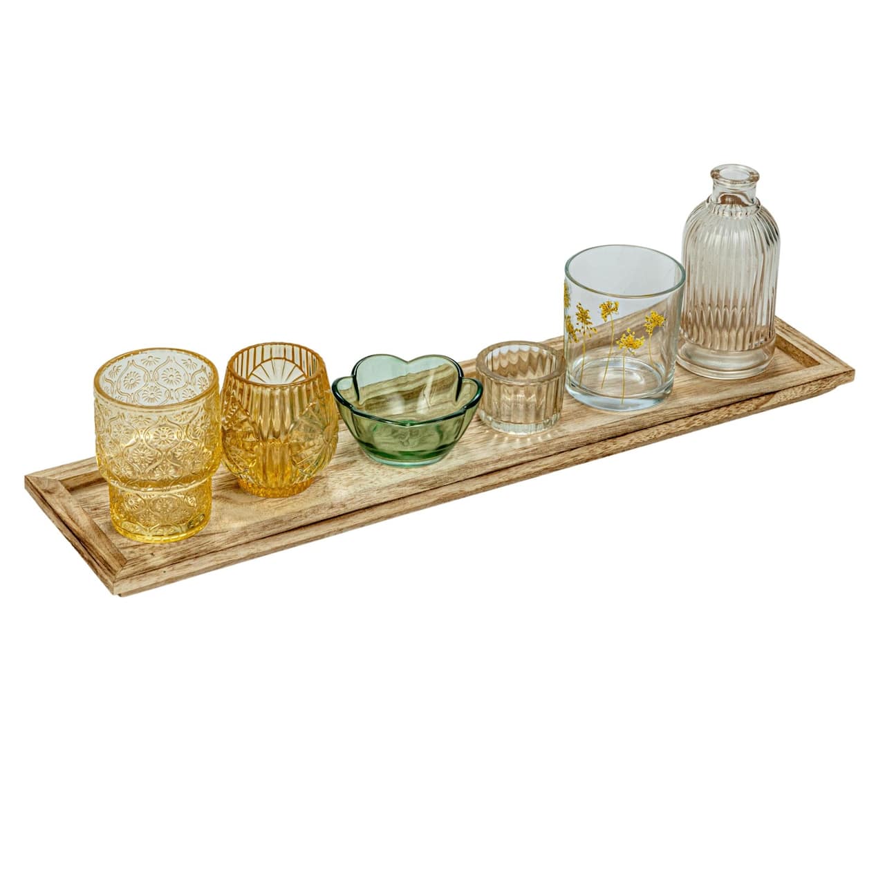 Hello Honey® Embossed Glass 5-Votive Candle Holders with Vase & Wood Tray